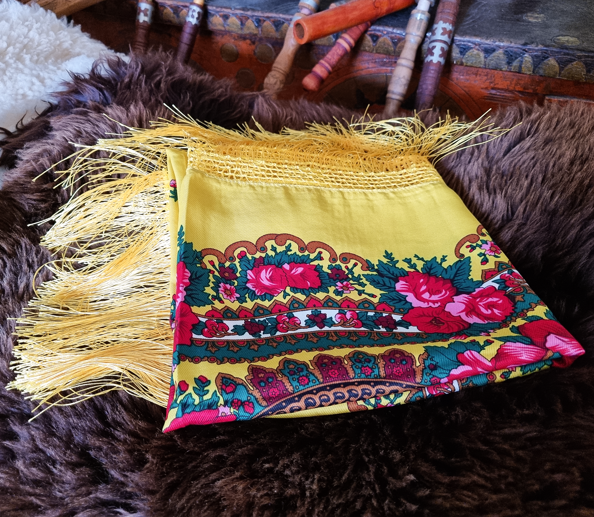 Green Folk Highlander Scarf, Large Decorated Regional Scarf for Christmas