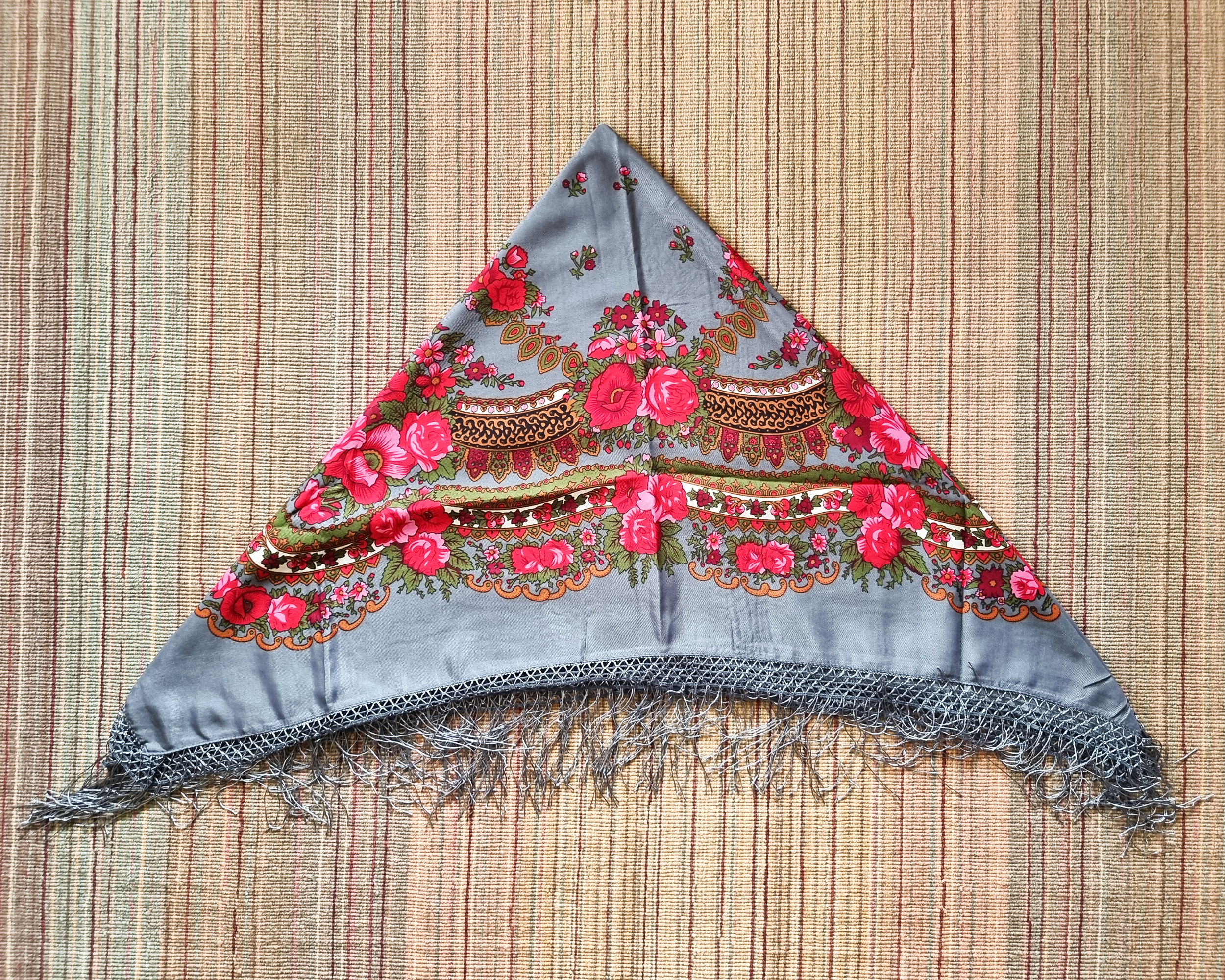 Green Folk Highlander Scarf, Large Decorated Regional Scarf for Christmas