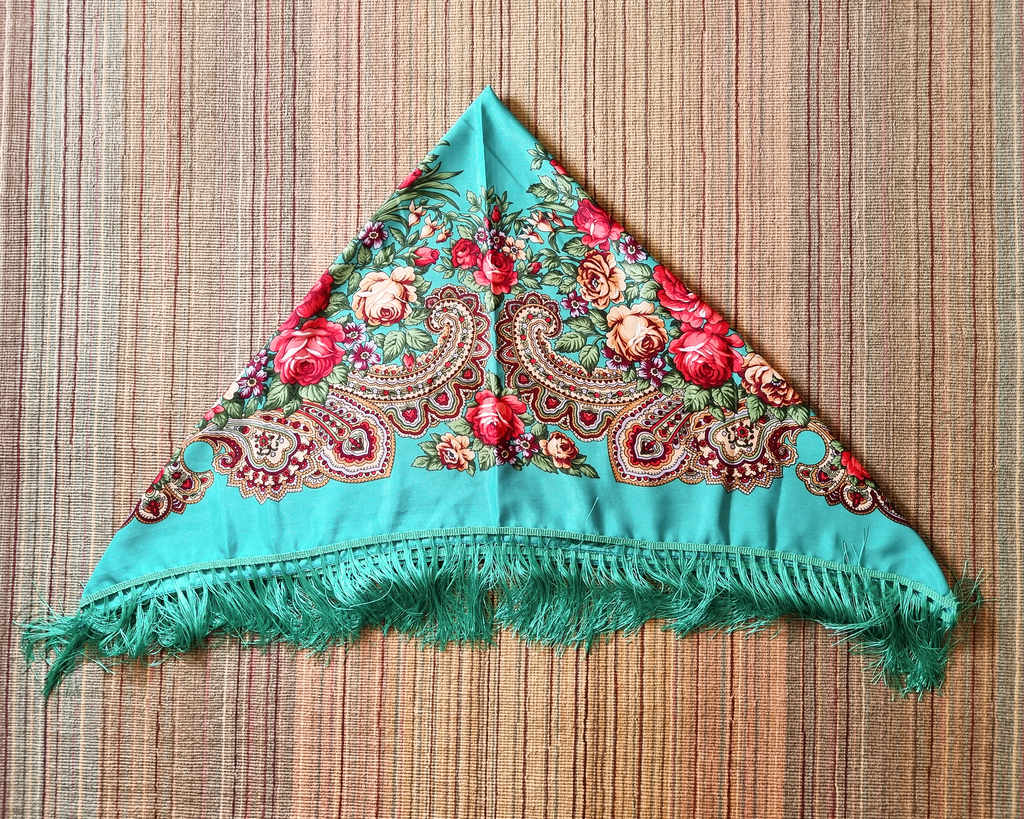 Green Folk Highlander Scarf, Large Decorated Regional Scarf for Christmas