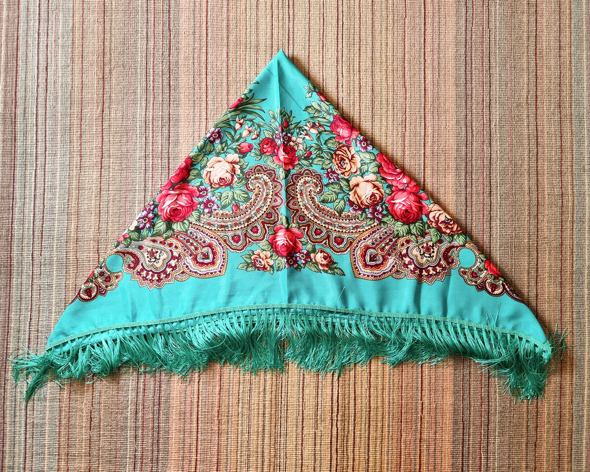 Green Folk Highlander Scarf, Large Decorated Regional Scarf for Christmas