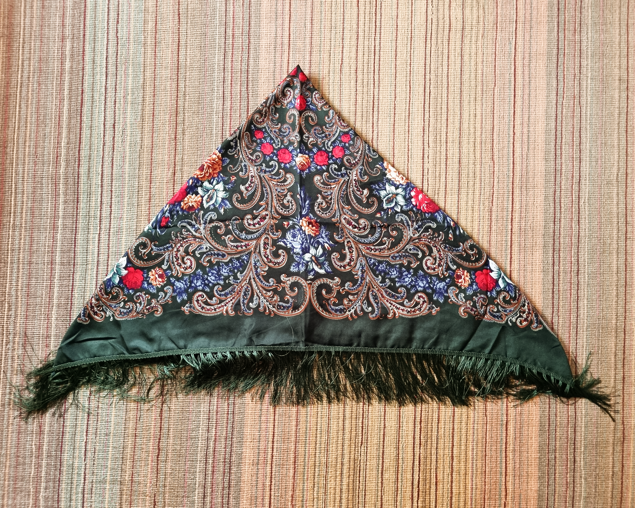 Green Folk Highlander Scarf, Large Decorated Regional Scarf for Christmas