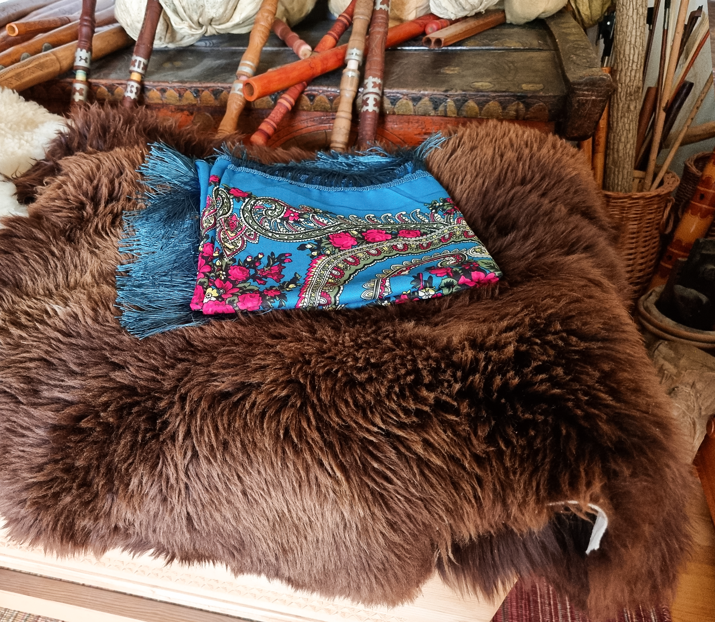 Green Folk Highlander Scarf, Large Decorated Regional Scarf for Christmas