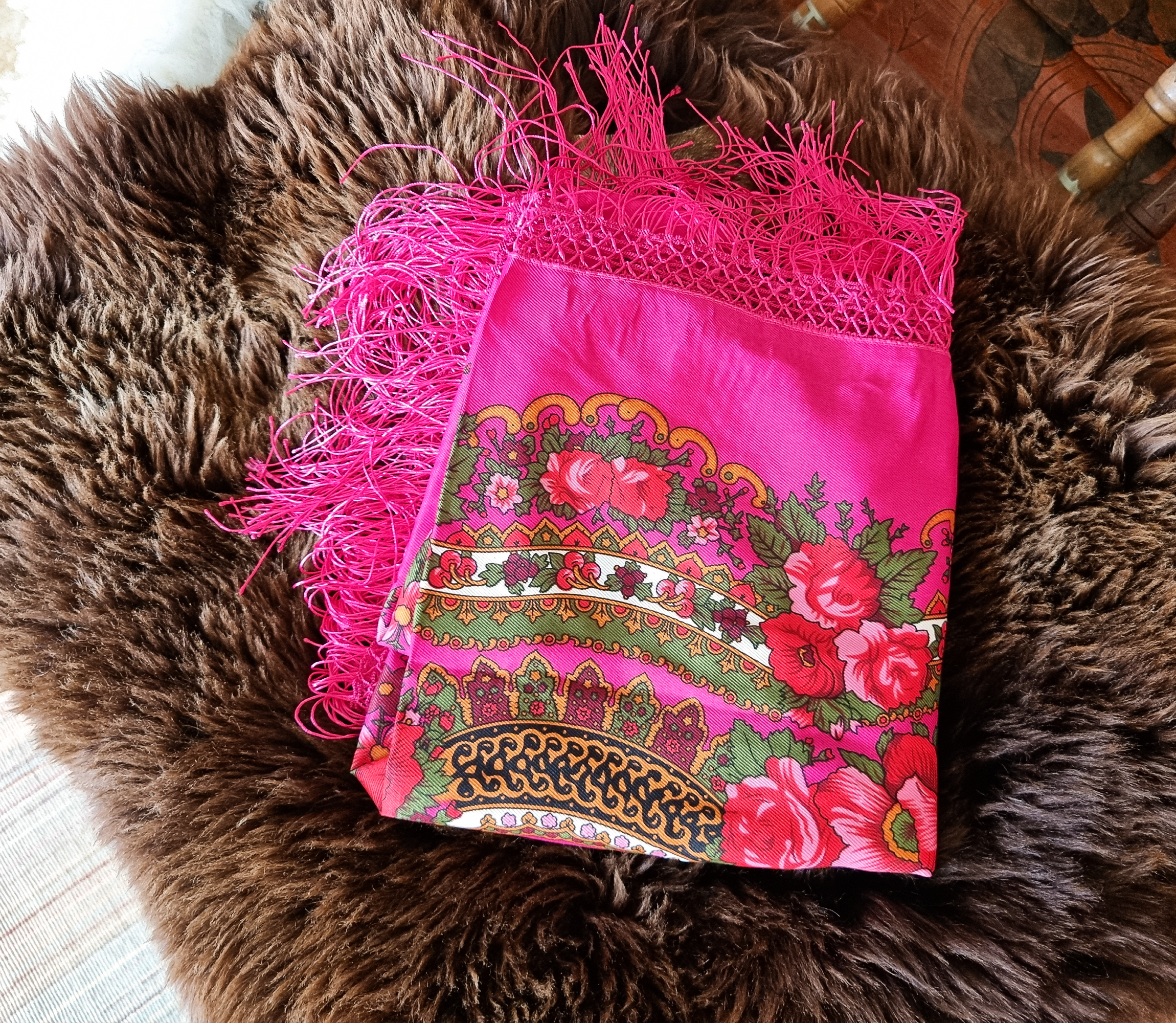 Green Folk Highlander Scarf, Large Decorated Regional Scarf for Christmas