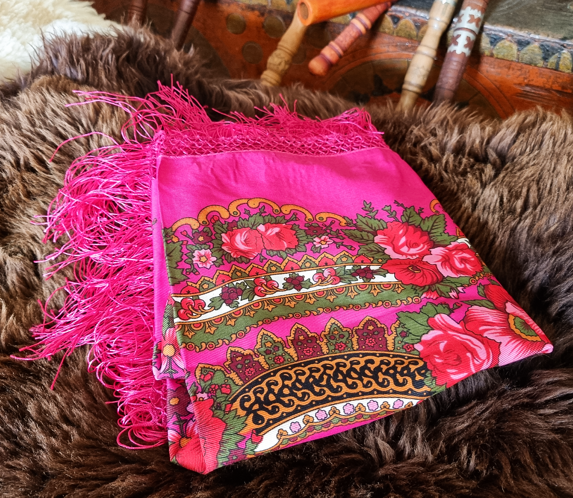 Green Folk Highlander Scarf, Large Decorated Regional Scarf for Christmas