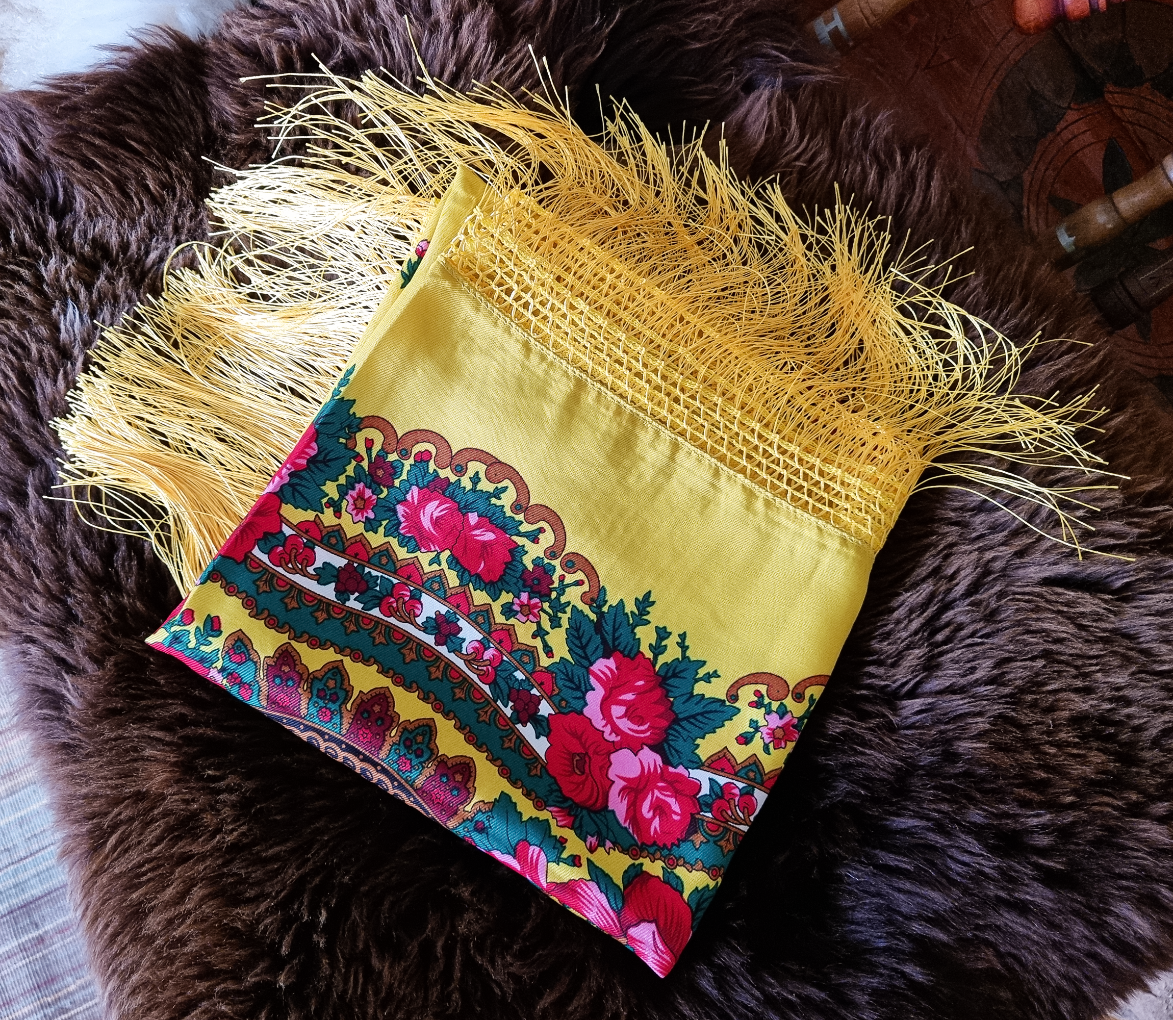 Green Folk Highlander Scarf, Large Decorated Regional Scarf for Christmas