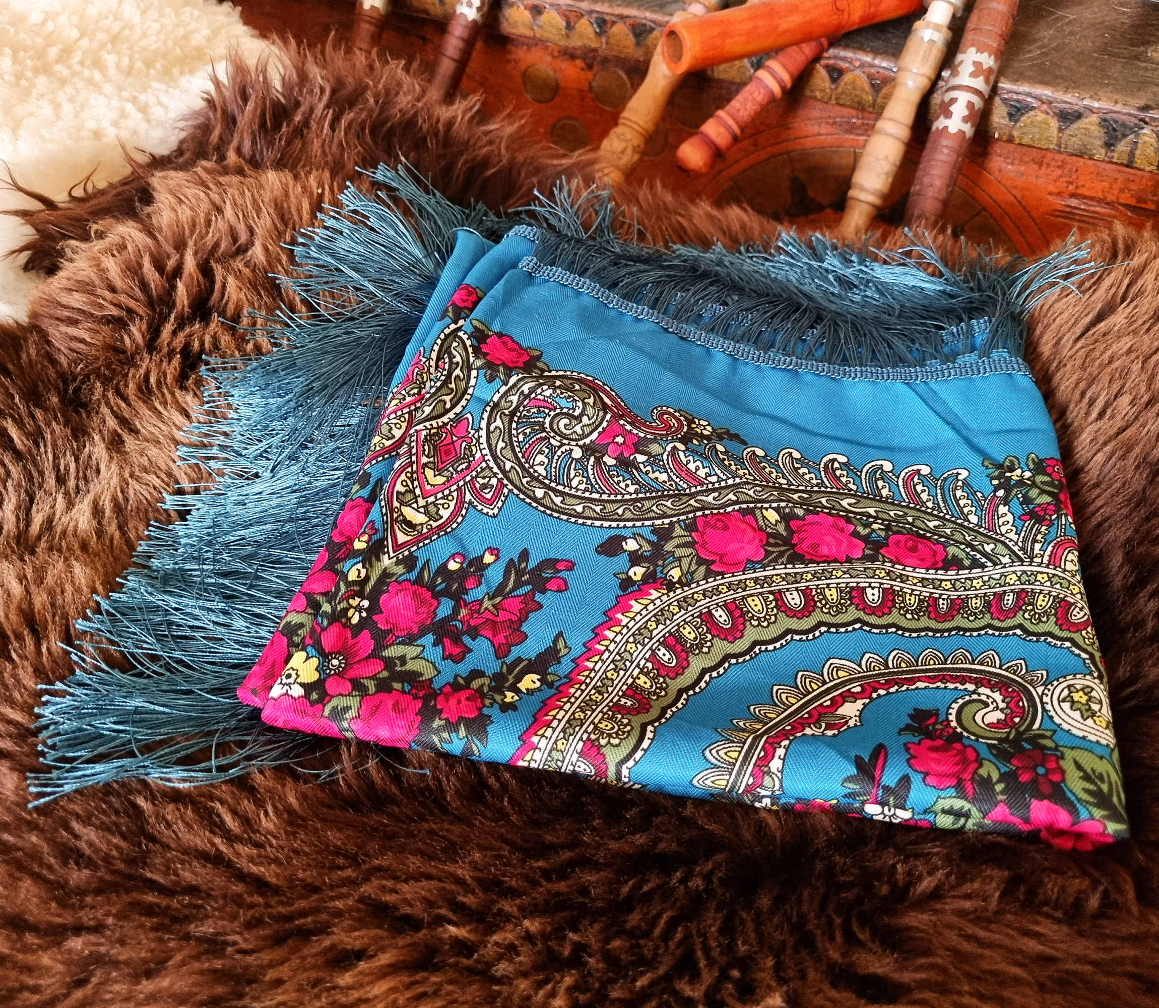 Green Folk Highlander Scarf, Large Decorated Regional Scarf for Christmas