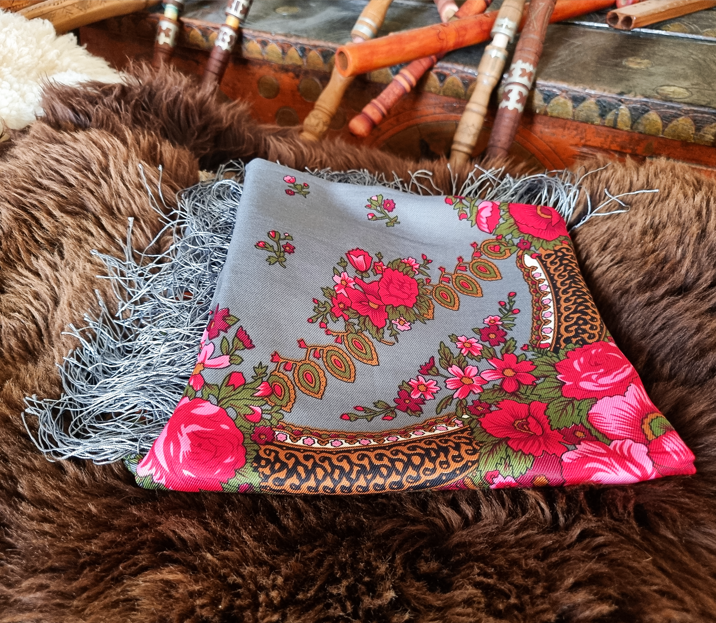 Green Folk Highlander Scarf, Large Decorated Regional Scarf for Christmas