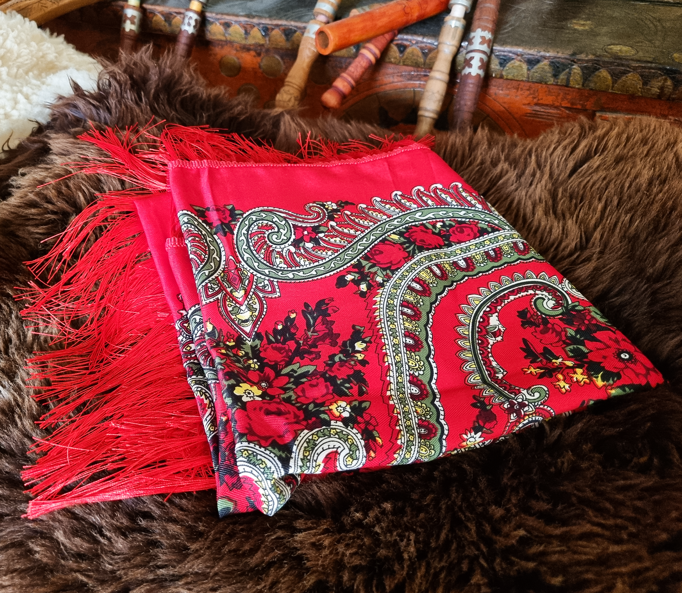 Green Folk Highlander Scarf, Large Decorated Regional Scarf for Christmas