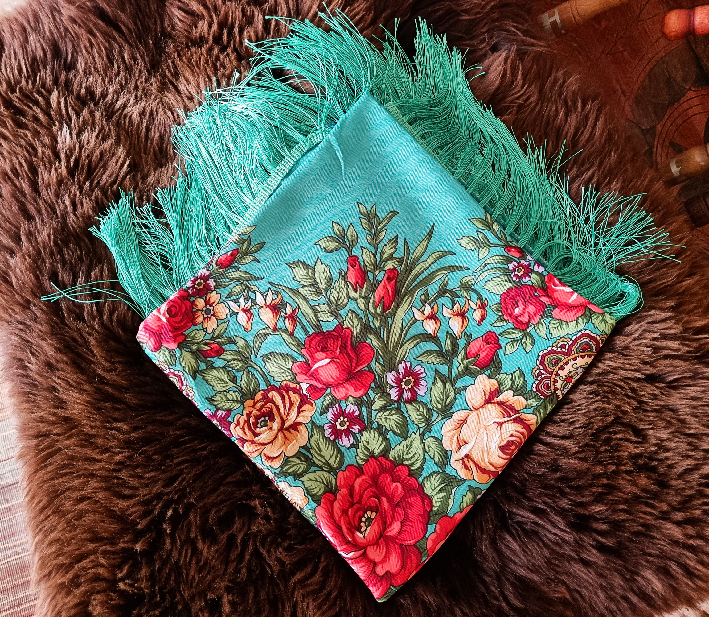 Green Folk Highlander Scarf, Large Decorated Regional Scarf for Christmas