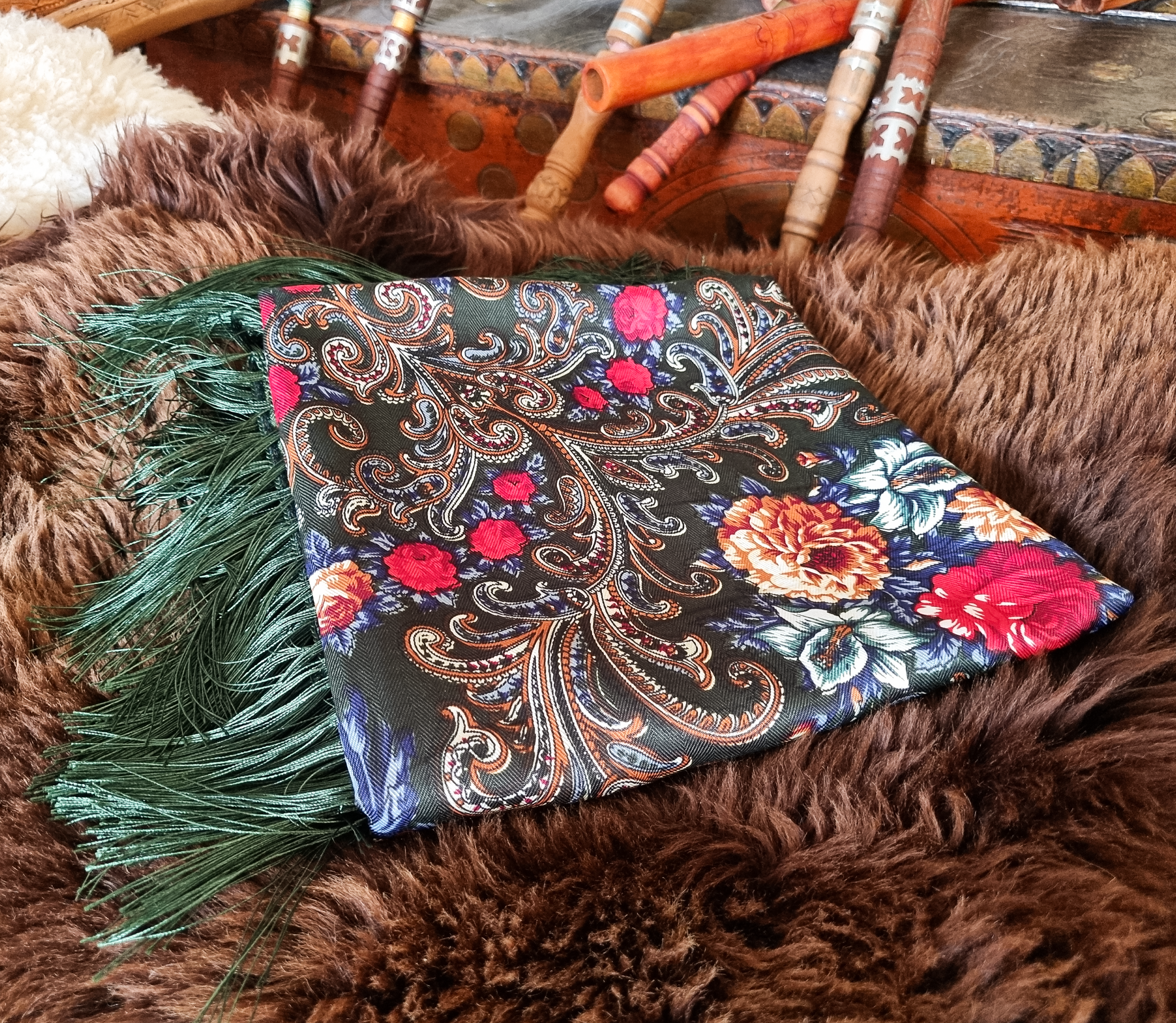 Green Folk Highlander Scarf, Large Decorated Regional Scarf for Christmas