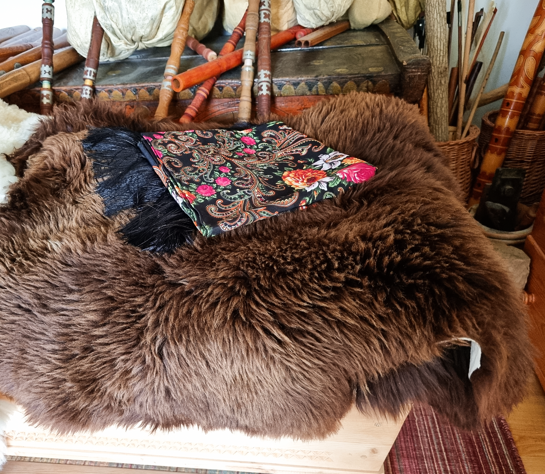 Green Folk Highlander Scarf, Large Decorated Regional Scarf for Christmas