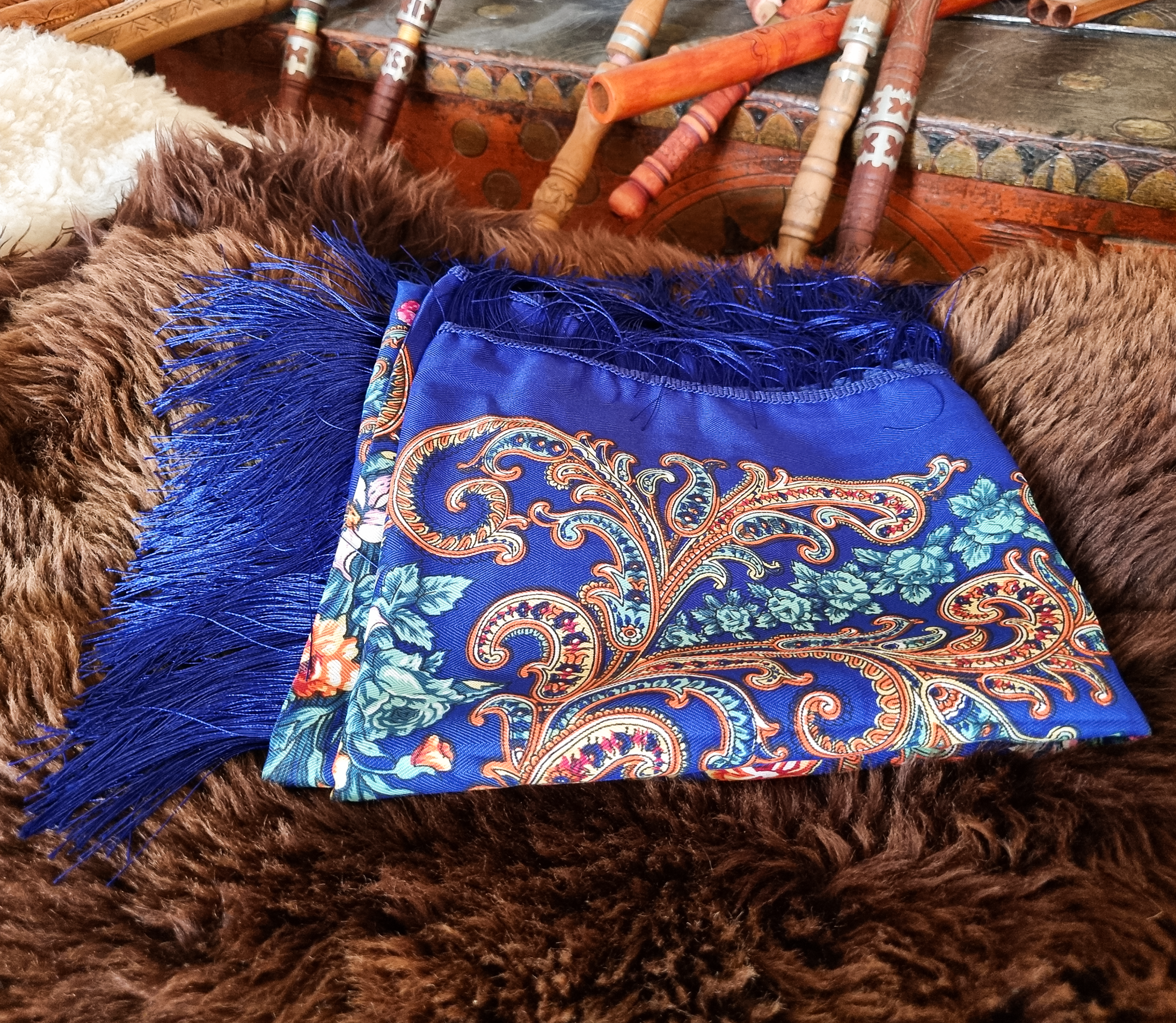 Green Folk Highlander Scarf, Large Decorated Regional Scarf for Christmas