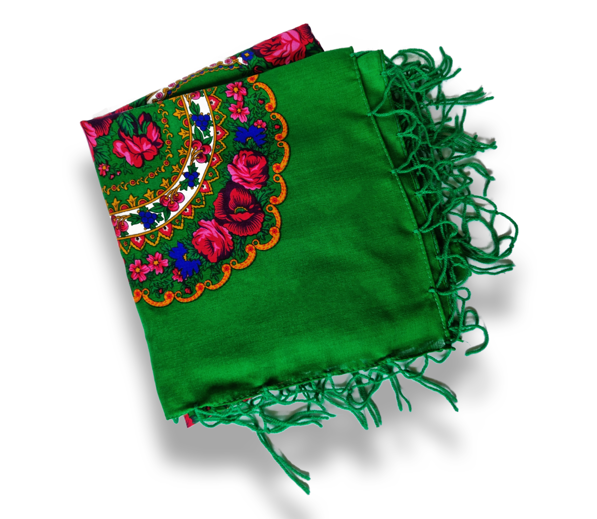 Green Folk Highlander Scarf, Large Decorated Regional Scarf for Christmas