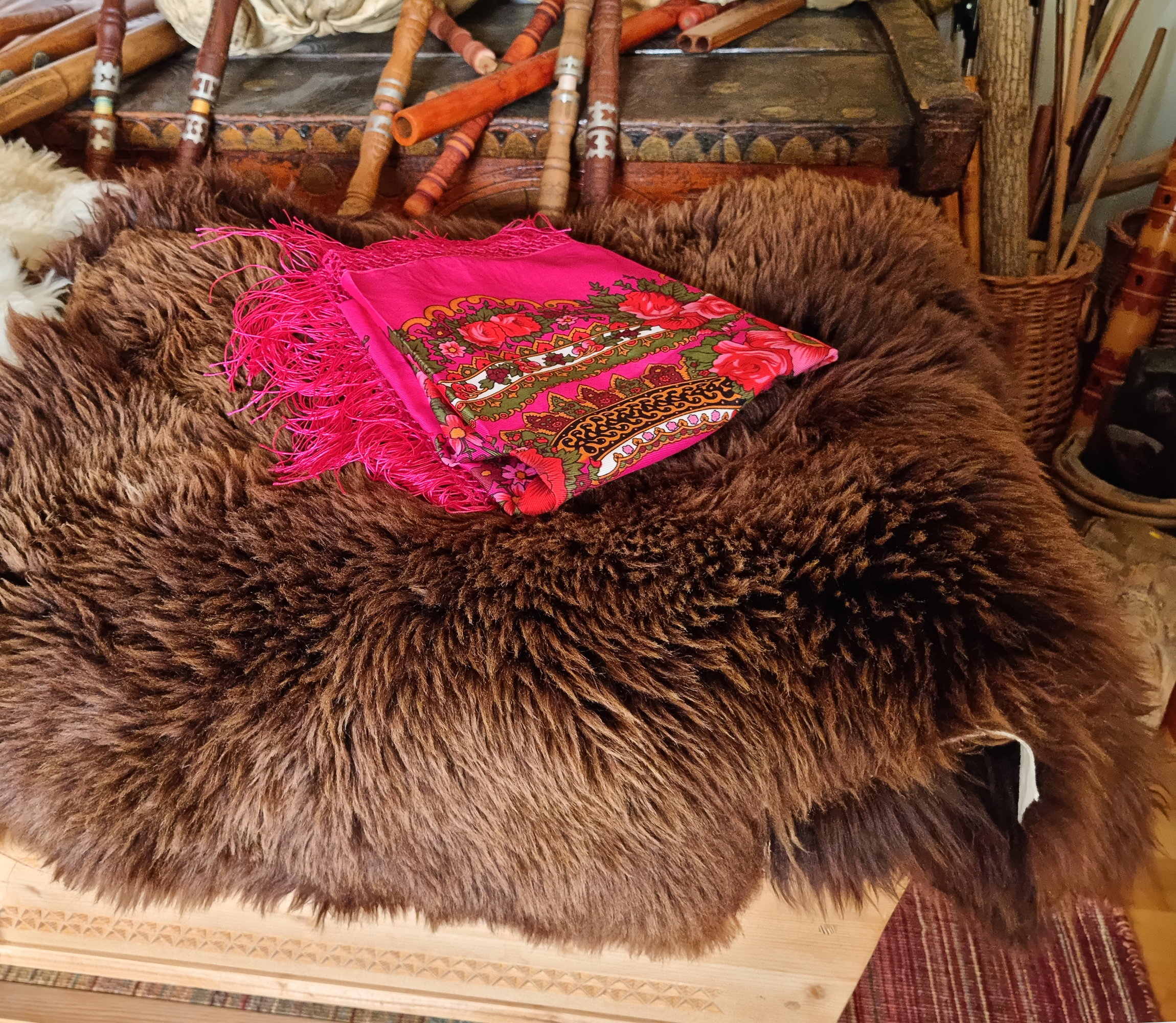 Green Folk Highlander Scarf, Large Decorated Regional Scarf for Christmas