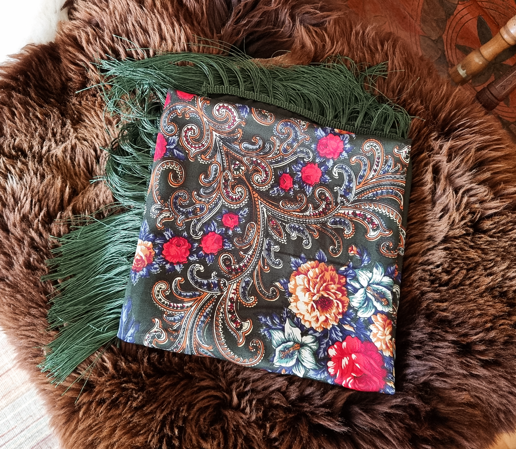 Green Folk Highlander Scarf, Large Decorated Regional Scarf for Christmas