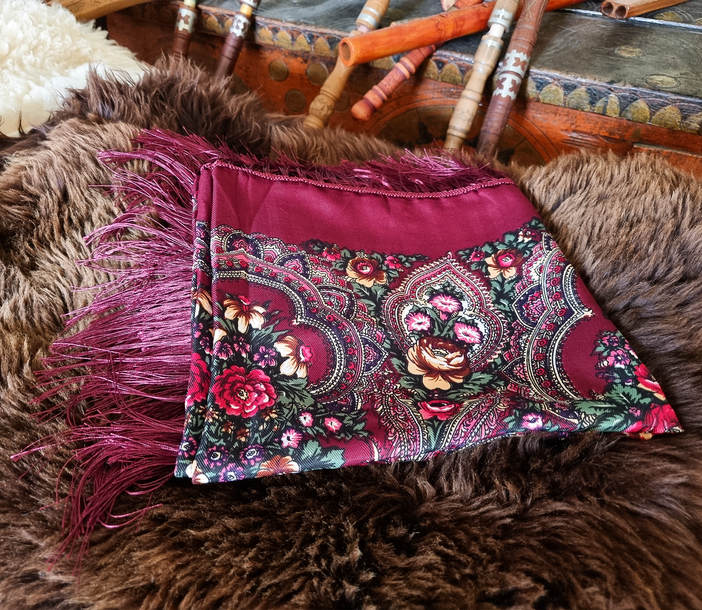 Green Folk Highlander Scarf, Large Decorated Regional Scarf for Christmas