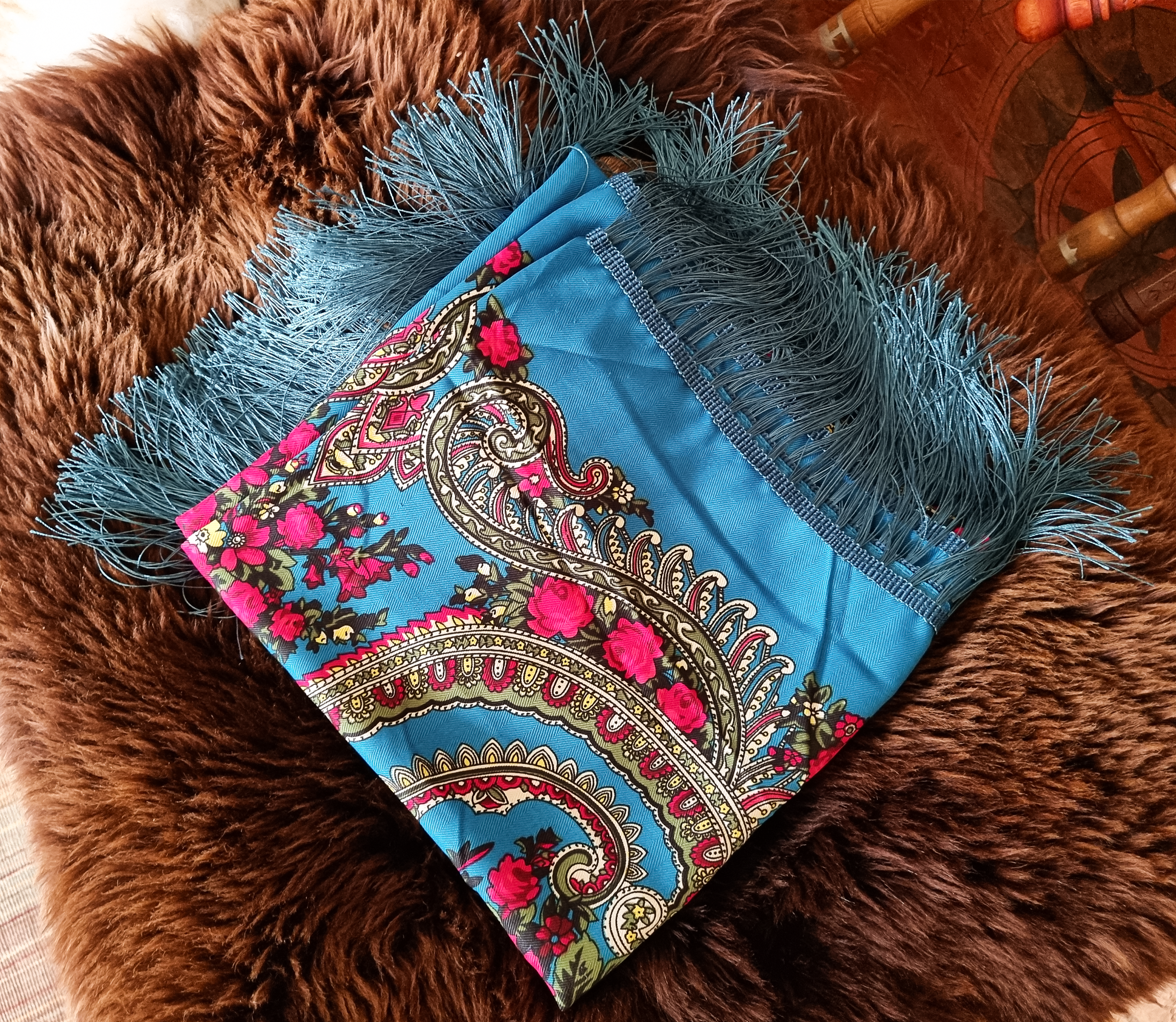 Green Folk Highlander Scarf, Large Decorated Regional Scarf for Christmas