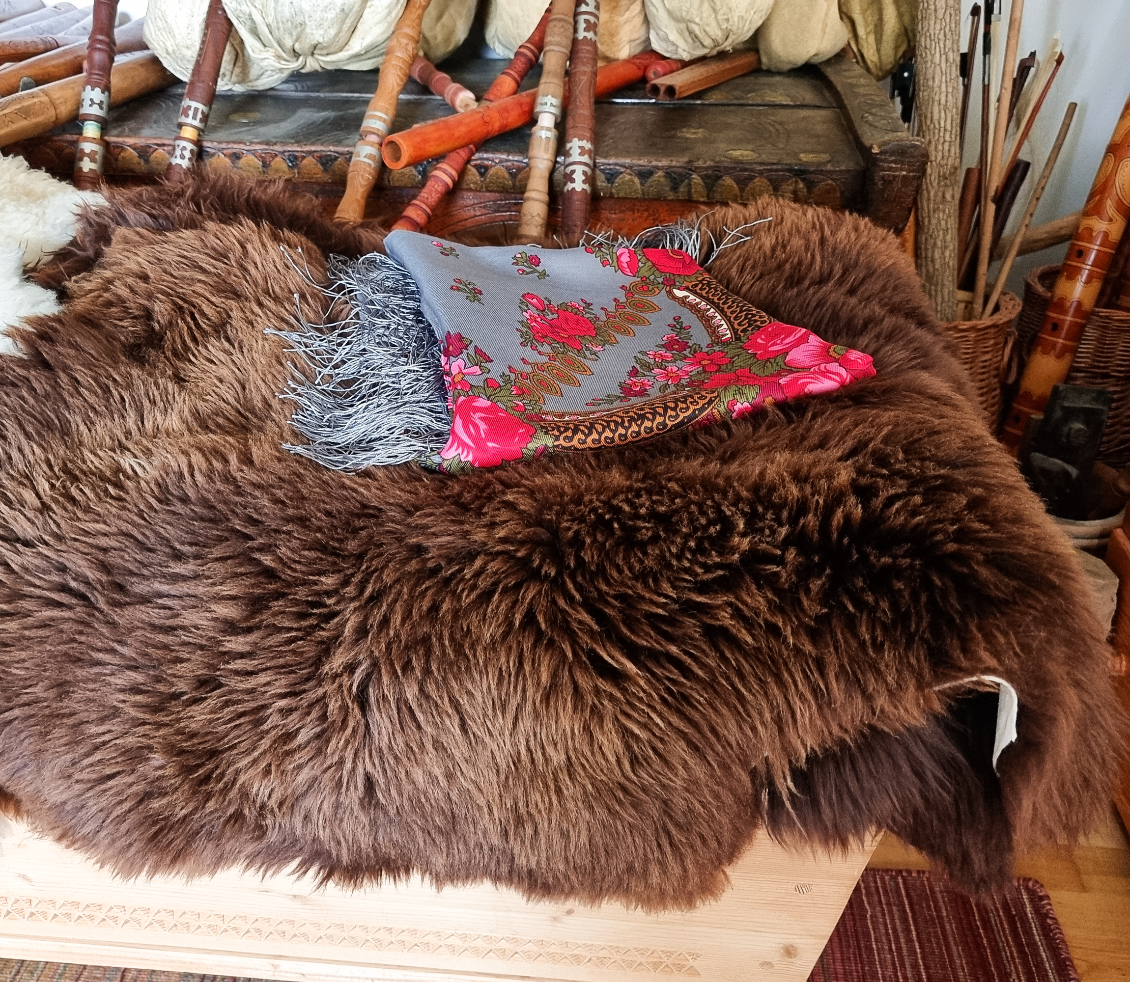 Green Folk Highlander Scarf, Large Decorated Regional Scarf for Christmas