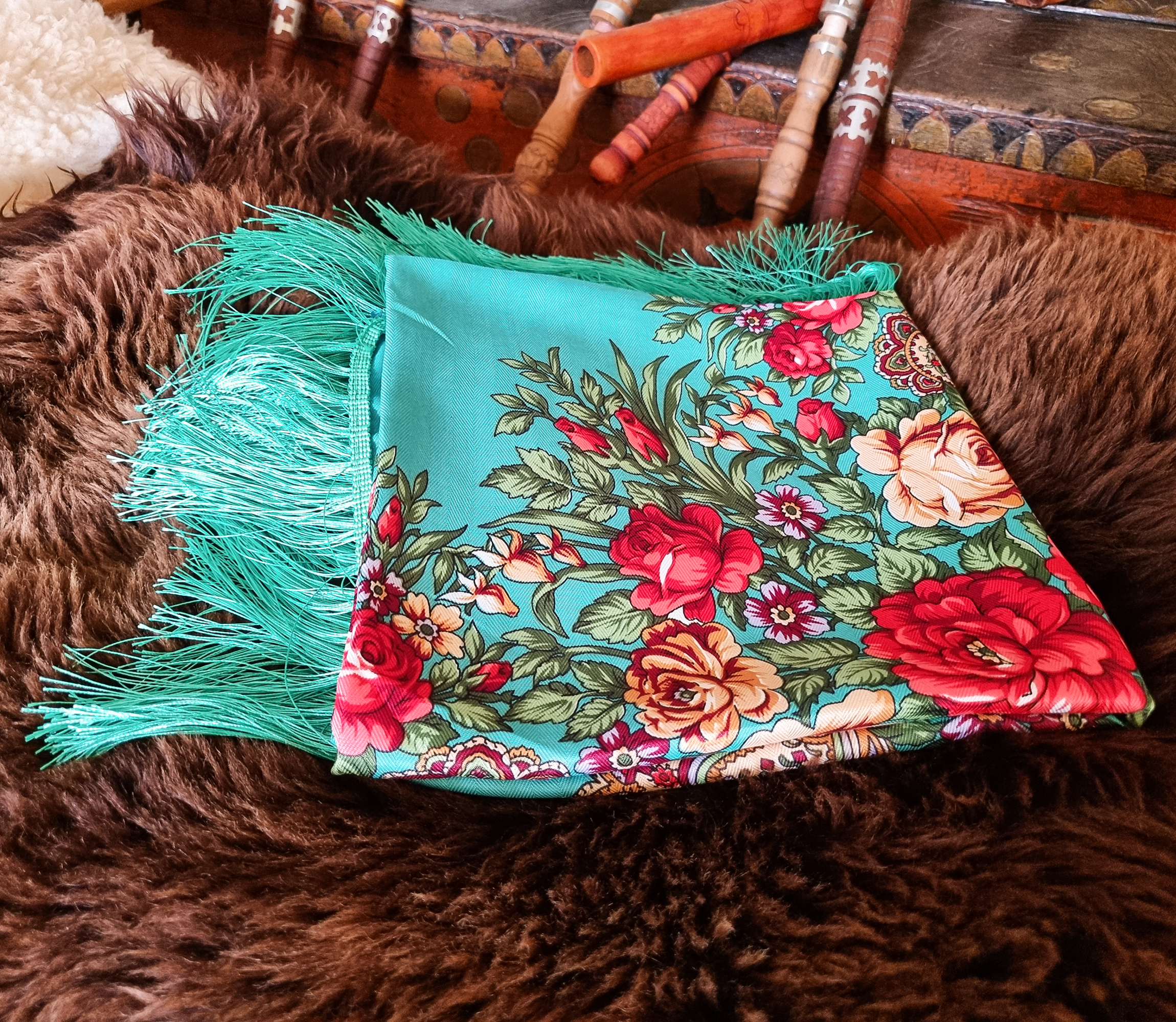 Green Folk Highlander Scarf, Large Decorated Regional Scarf for Christmas