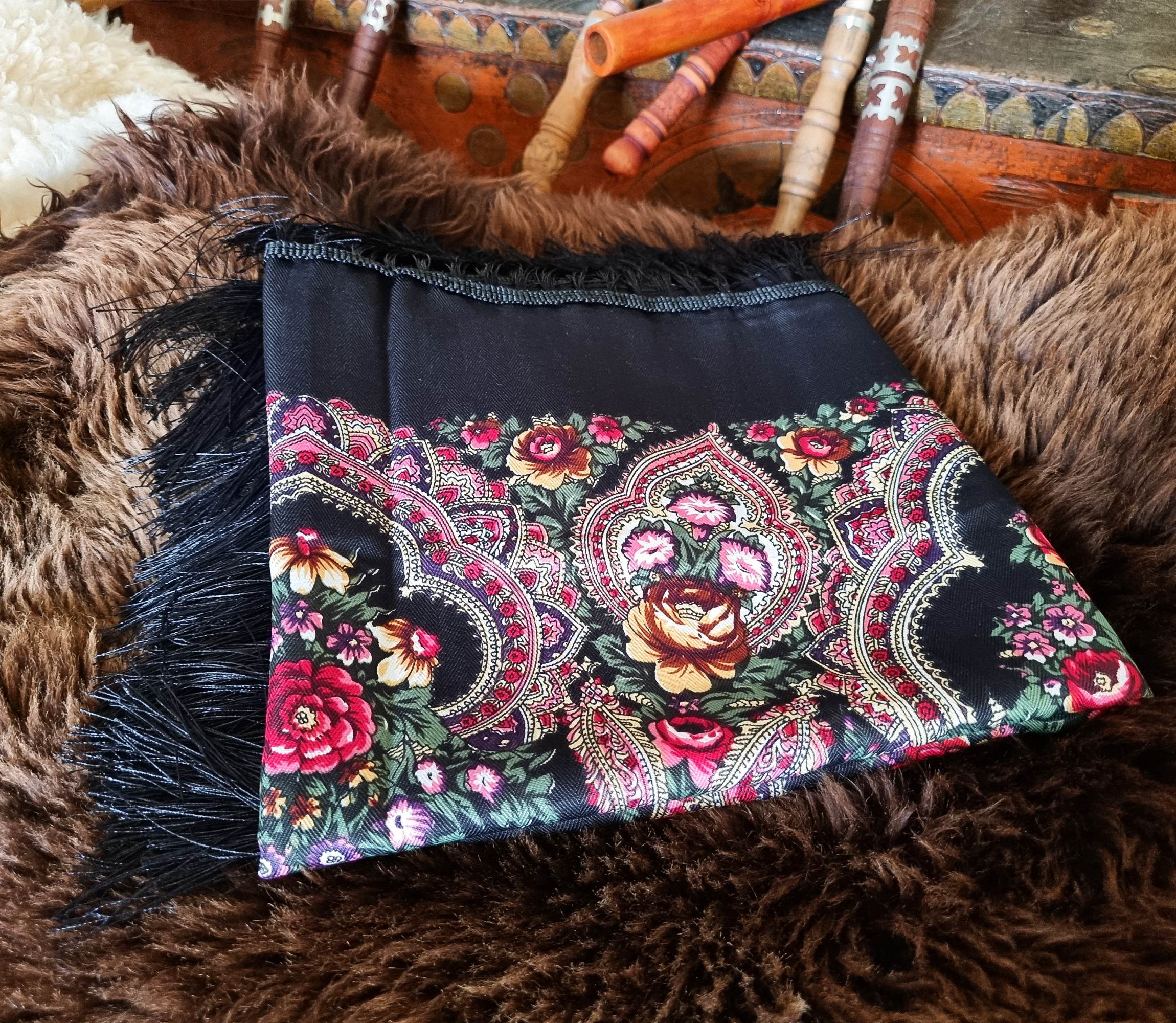 Green Folk Highlander Scarf, Large Decorated Regional Scarf for Christmas