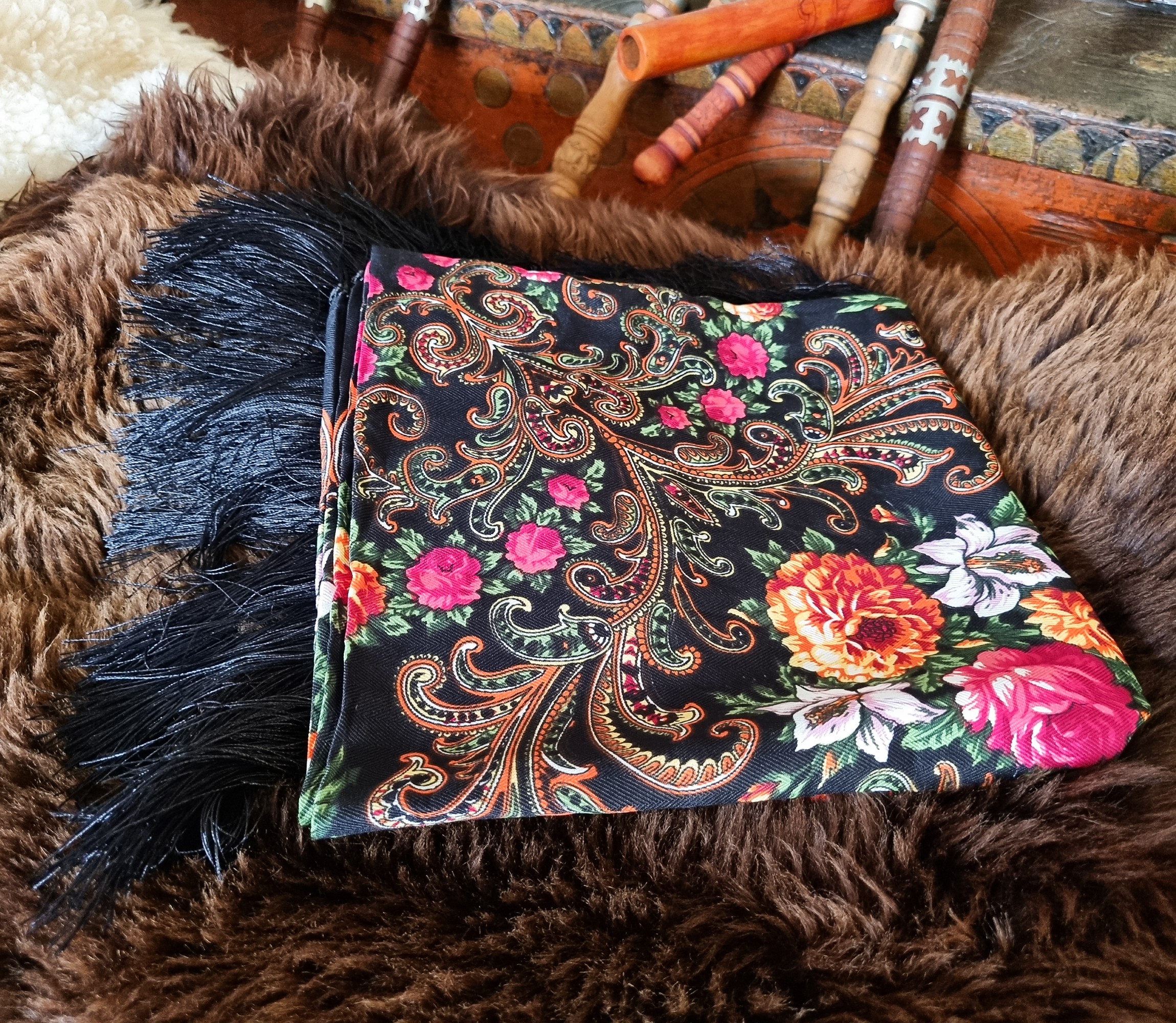 Green Folk Highlander Scarf, Large Decorated Regional Scarf for Christmas