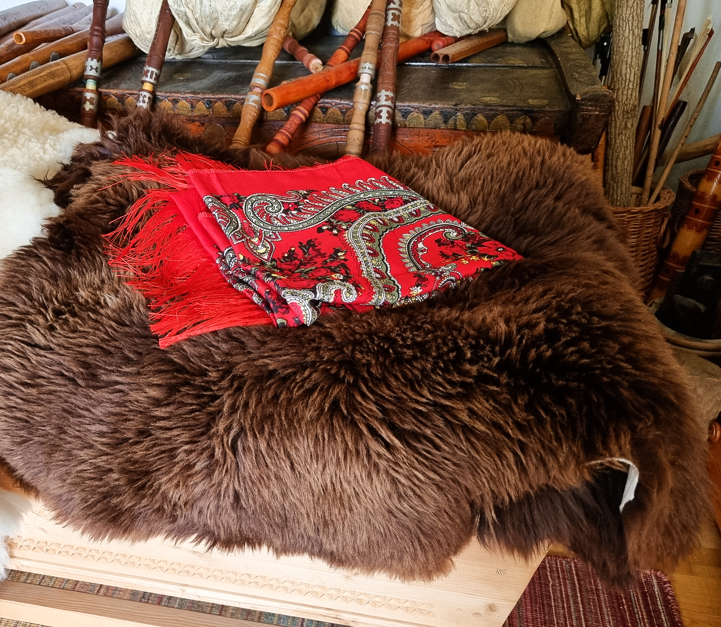 Green Folk Highlander Scarf, Large Decorated Regional Scarf for Christmas