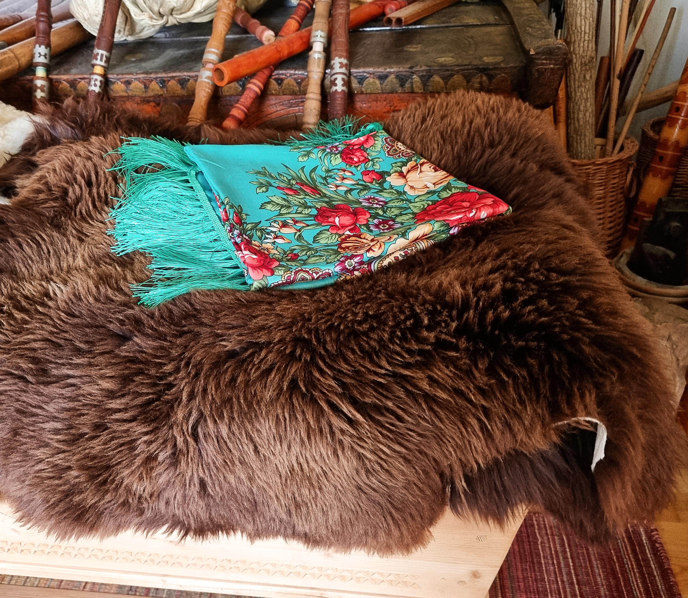 Green Folk Highlander Scarf, Large Decorated Regional Scarf for Christmas