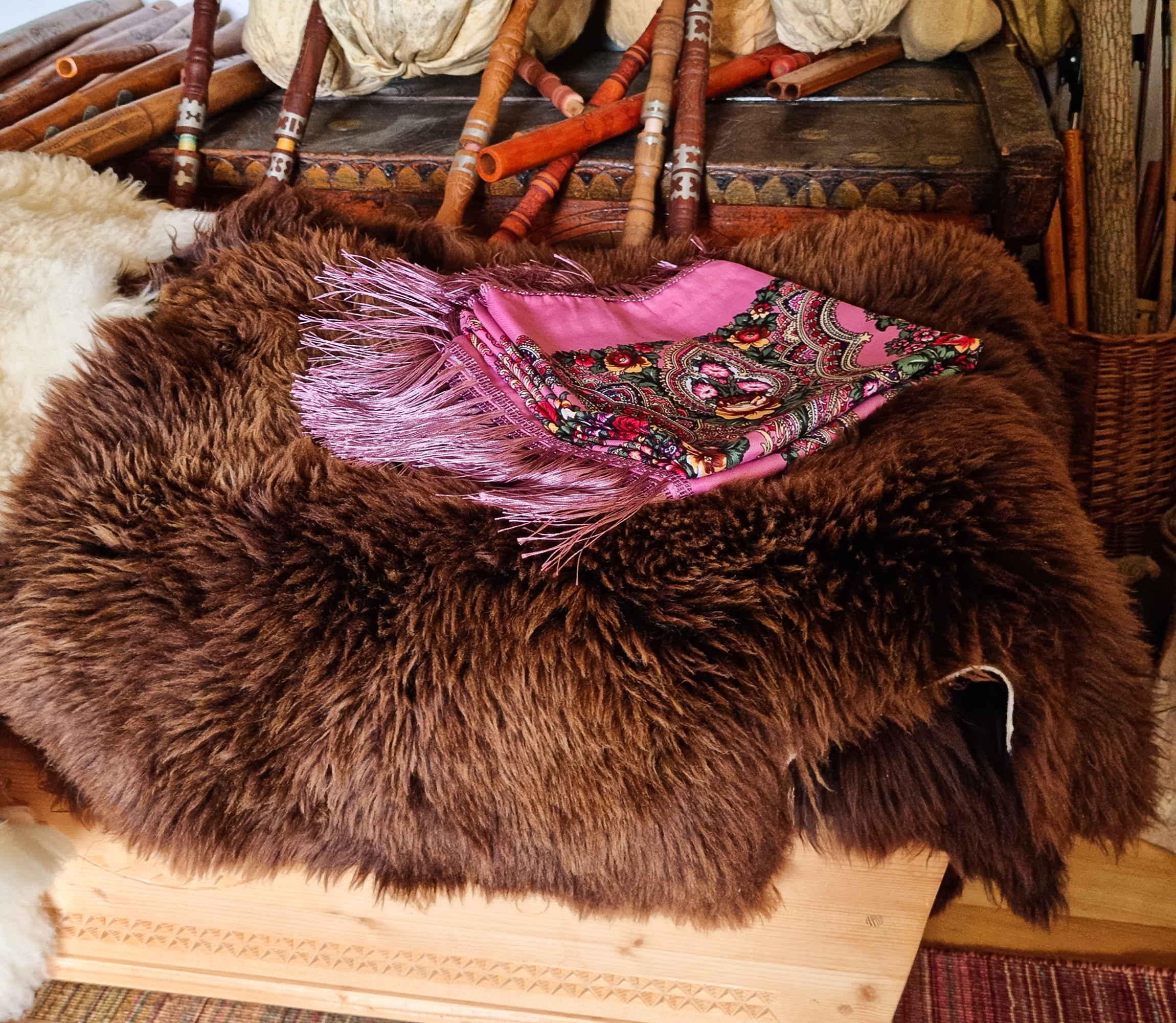 Green Folk Highlander Scarf, Large Decorated Regional Scarf for Christmas