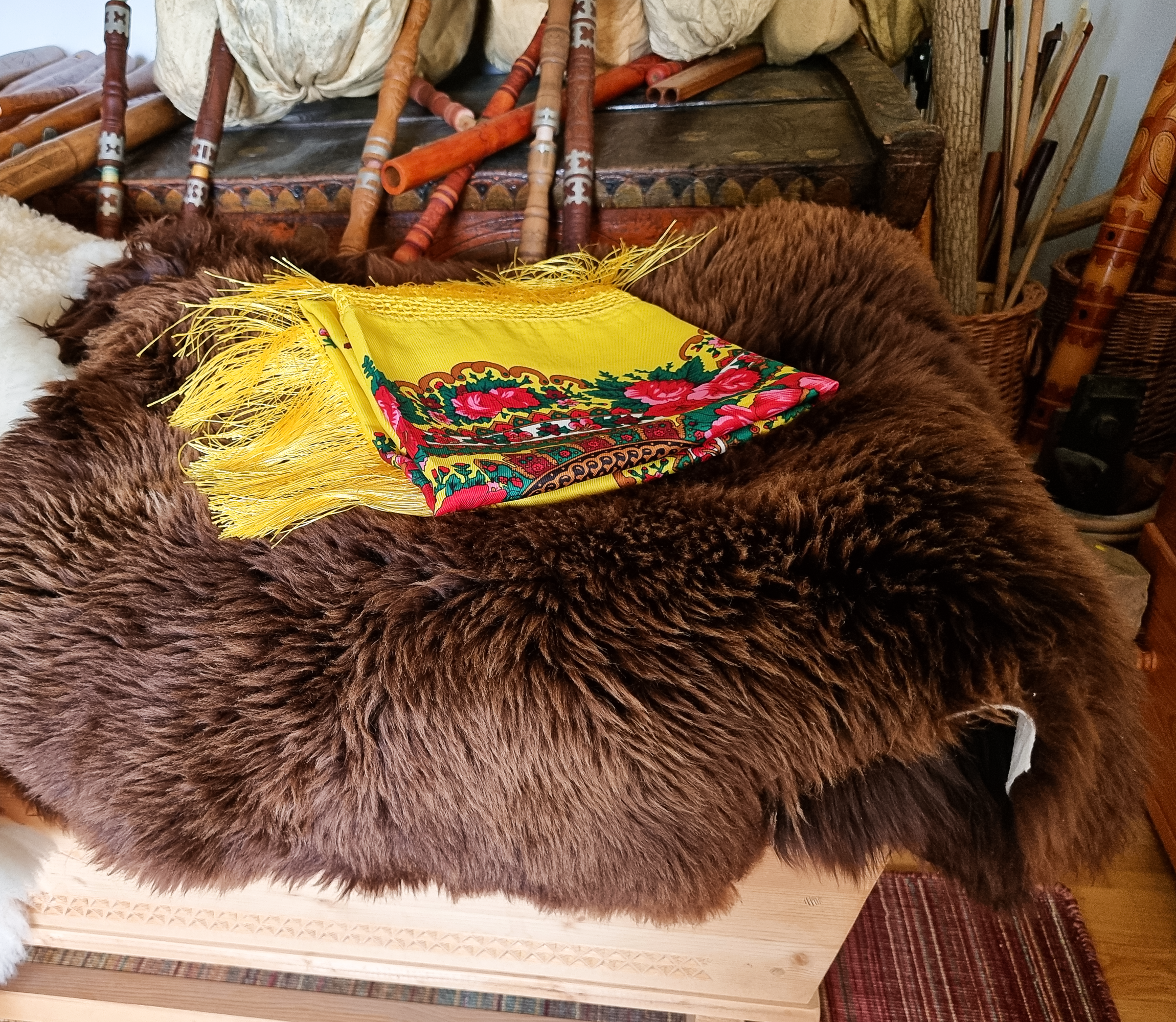 Green Folk Highlander Scarf, Large Decorated Regional Scarf for Christmas