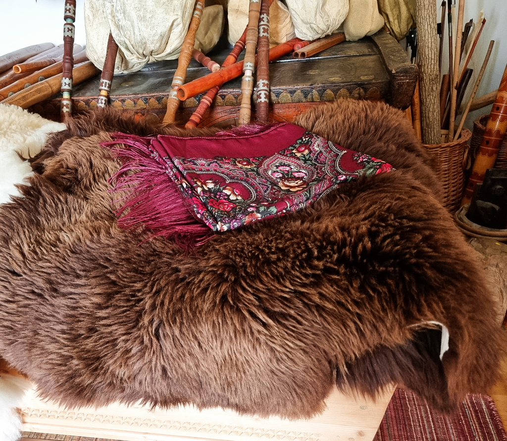 Green Folk Highlander Scarf, Large Decorated Regional Scarf for Christmas