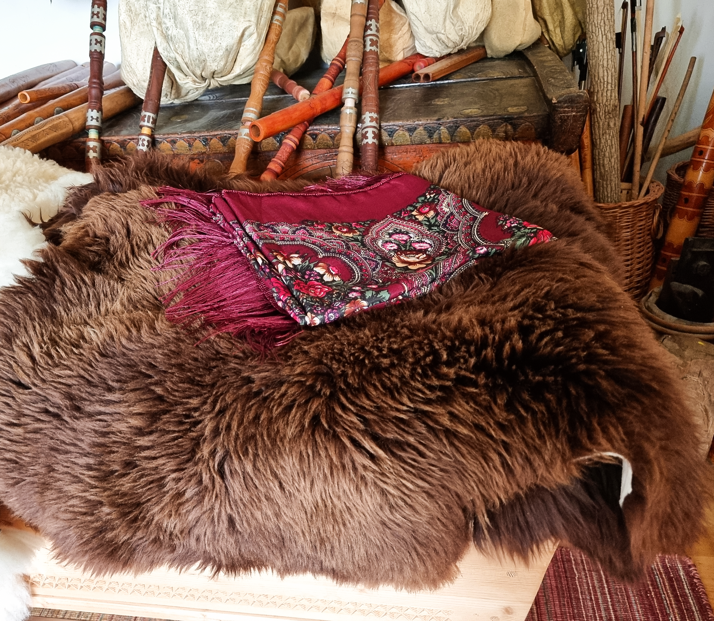 Green Folk Highlander Scarf, Large Decorated Regional Scarf for Christmas