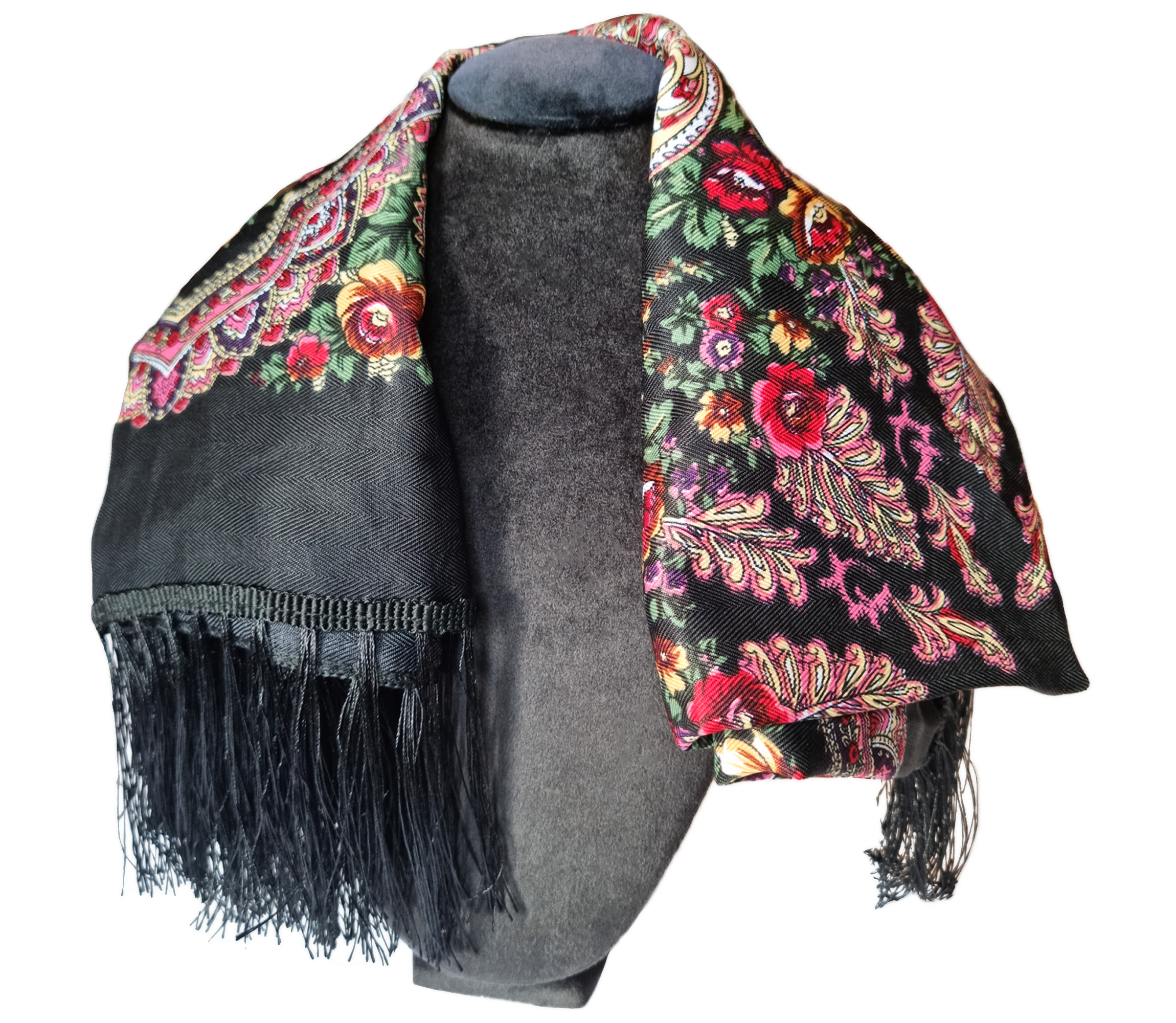 Green Folk Highlander Scarf, Large Decorated Regional Scarf for Christmas