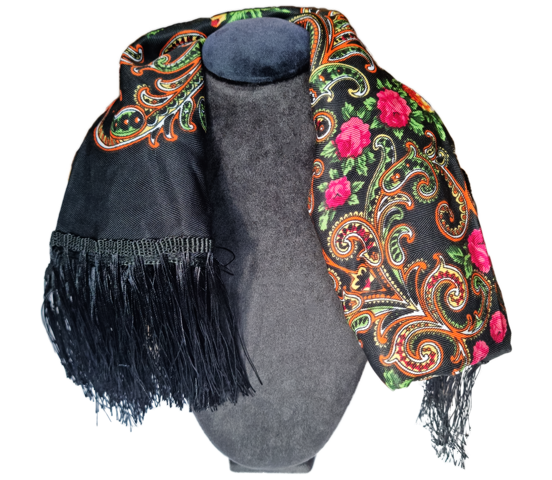 Green Folk Highlander Scarf, Large Decorated Regional Scarf for Christmas