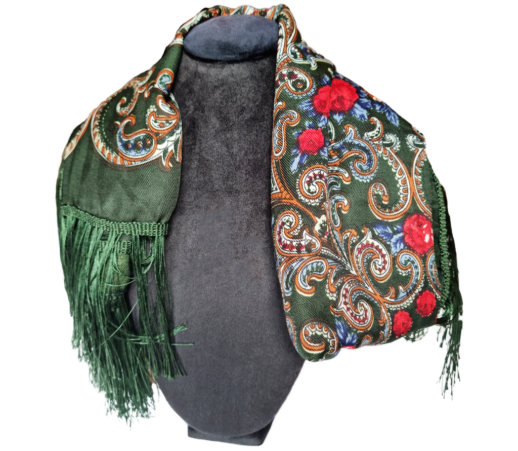 Green Folk Highlander Scarf, Large Decorated Regional Scarf for Christmas