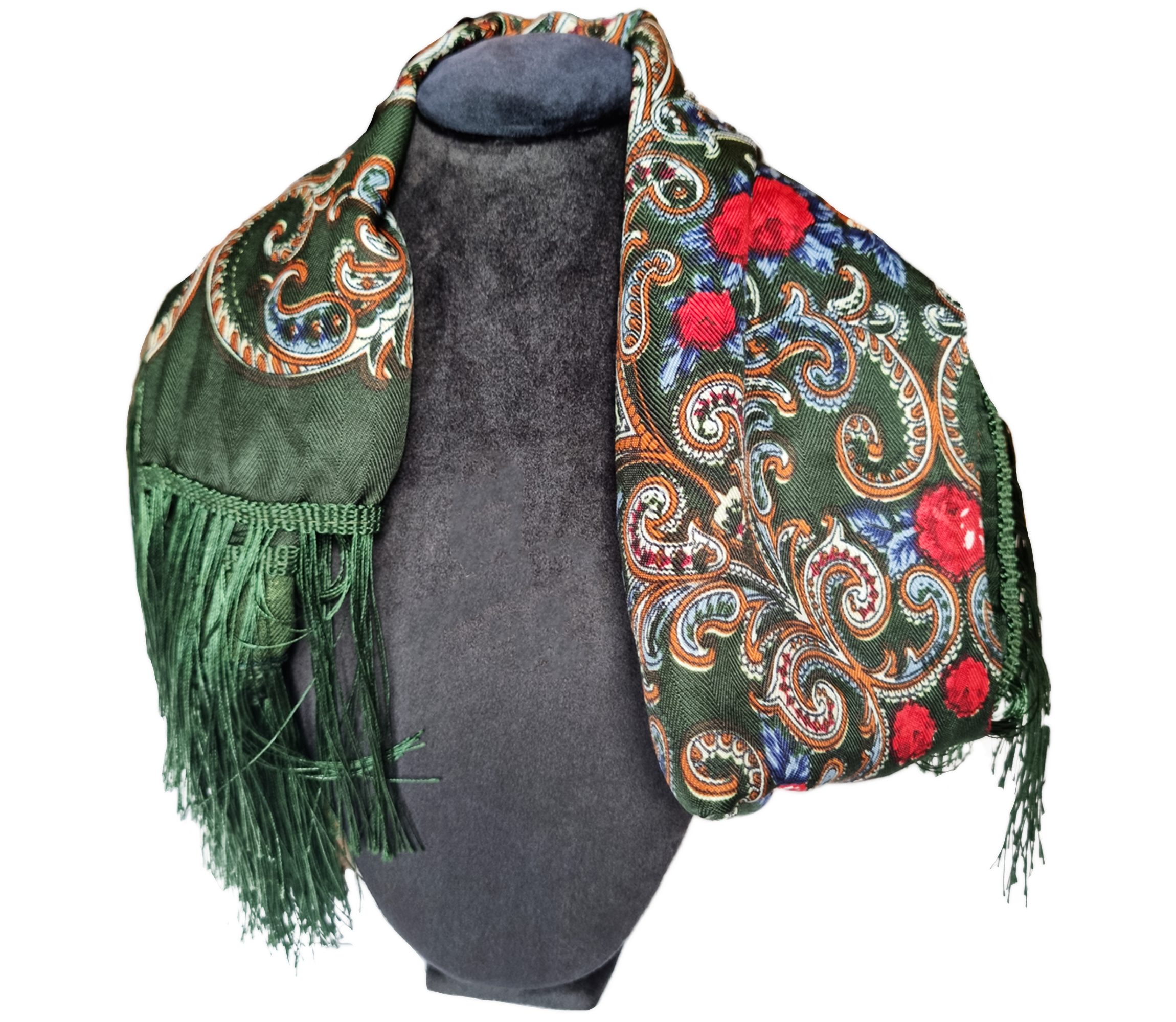 Green Folk Highlander Scarf, Large Decorated Regional Scarf for Christmas