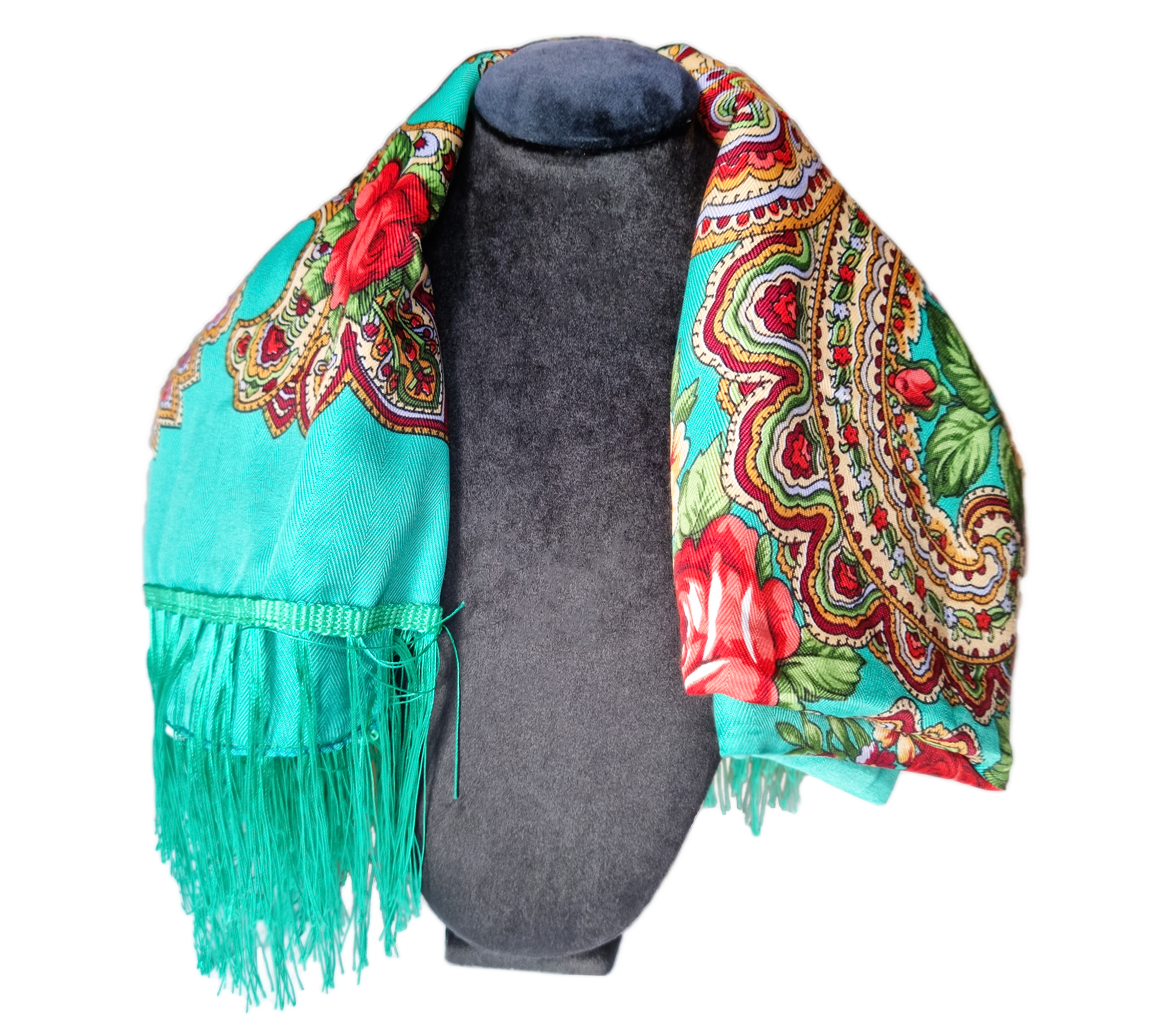 Green Folk Highlander Scarf, Large Decorated Regional Scarf for Christmas