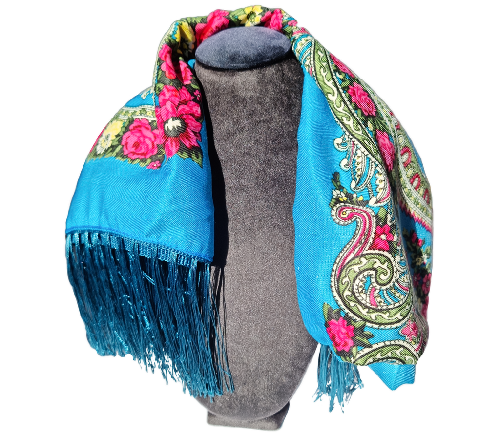 Green Folk Highlander Scarf, Large Decorated Regional Scarf for Christmas